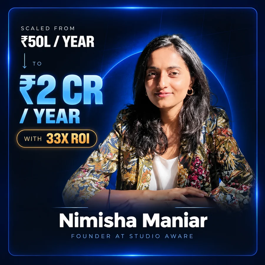 Nimisha Maniar. Founder at Studio Aware. 50L/year → 2 CR/year. 33x ROI